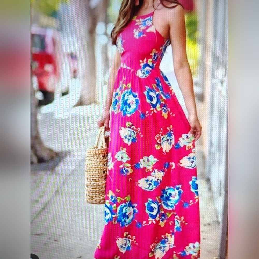 ANTHROPOLOGIE EVERLY VIBRANT HIGH NECK RED FLORAL HALTER MAXI DRESS WOMEN'S SZ S